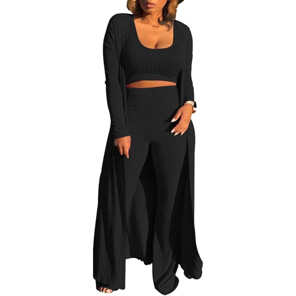Women's Winter Knitted 3-Piece Set Blazer Coat Crop Top High Waist Pants
